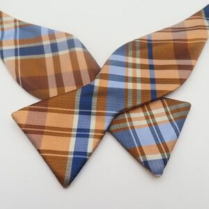 Bruno Piattelli Bow Tie Orange Blue Plaid 2.5" Wide Self Tie Silk